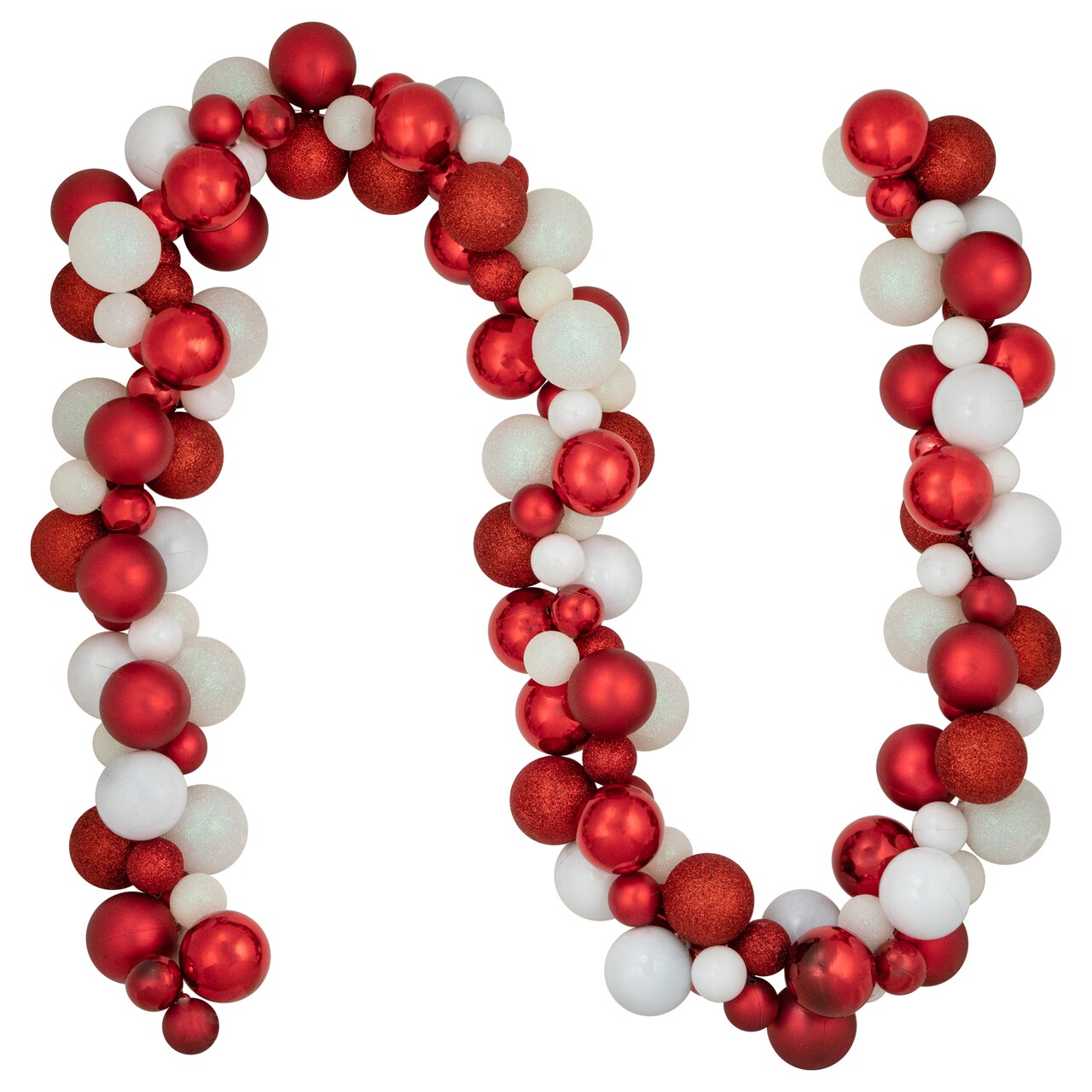 Northlight Shatterproof 3-Finish Christmas Ball Garland - 6' x 3.5" - Red and White - Unlit